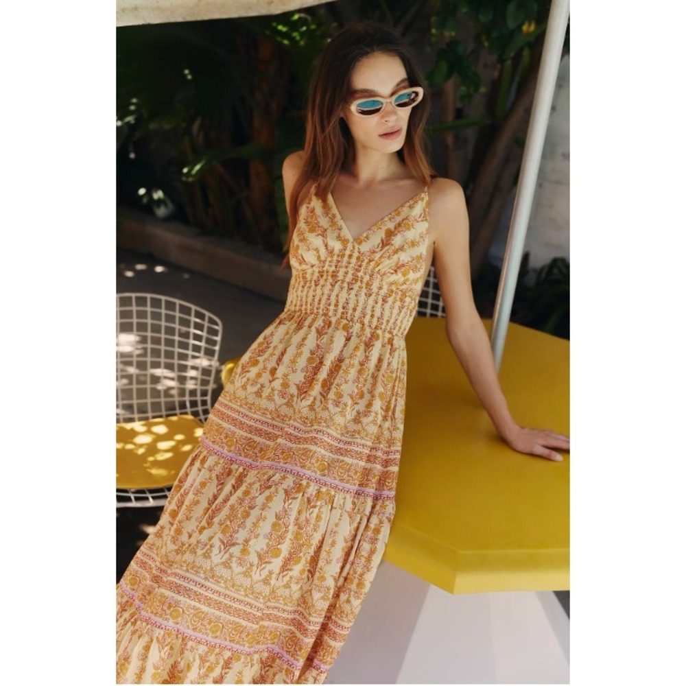 BILA77 Jordan V Neck Maxi Dress Golden Apricot Floral Smocked Cotton Small NWT